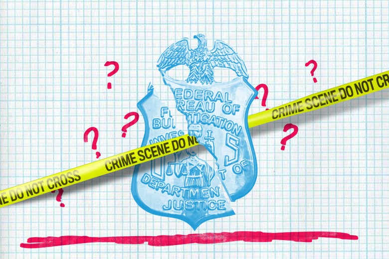 The FBI logo with crime scene tape through it and question marks around it.
